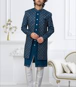 Teal blue imported shoft silk indowestern for mens