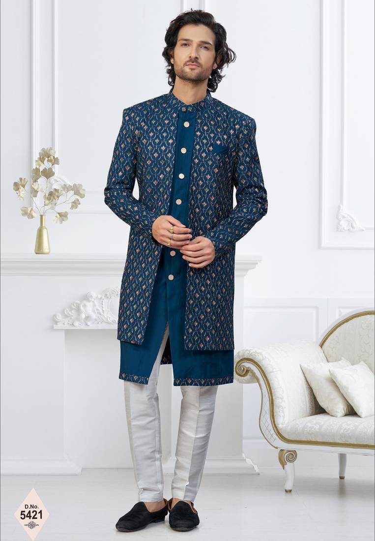 Teal blue imported shoft silk indowestern for mens