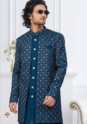 Teal blue imported shoft silk indowestern for mens 2