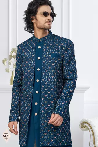 Teal blue imported shoft silk indowestern for mens