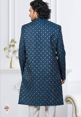 Teal blue imported shoft silk indowestern for mens 3
