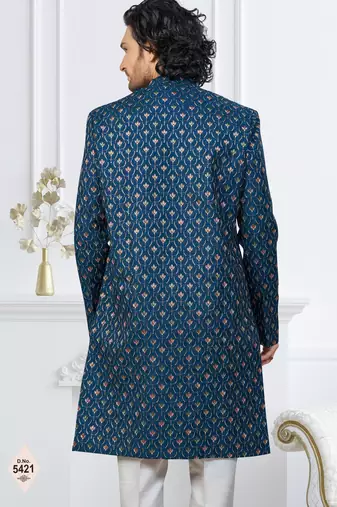 Teal blue imported shoft silk indowestern for mens