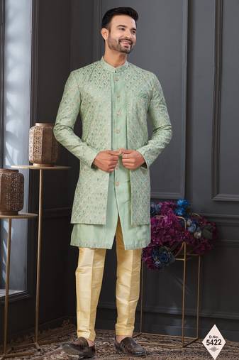 Pista green imported shoft silk indowestern for mens