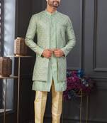 Pista green imported shoft silk indowestern for mens