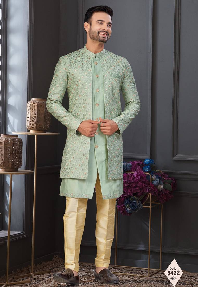 Pista green imported shoft silk indowestern for mens