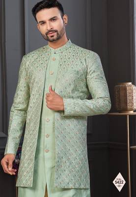 Pista green imported shoft silk indowestern for mens 2