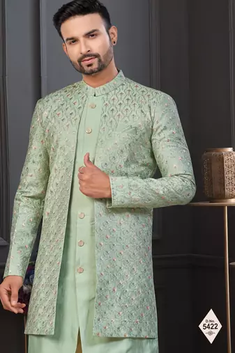 Pista green imported shoft silk indowestern for mens
