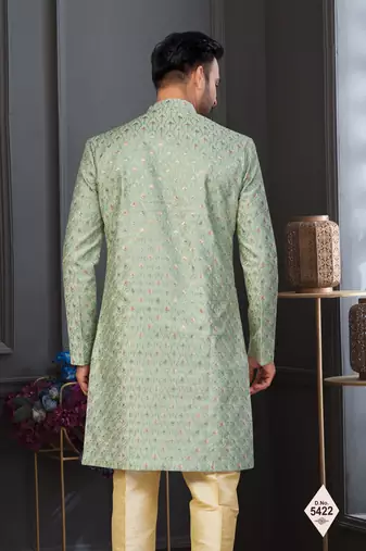 Pista green imported shoft silk indowestern for mens
