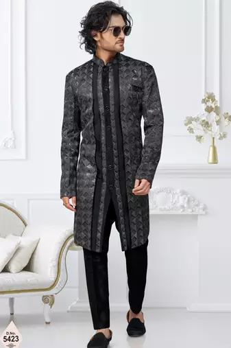 Black zari jackard and banarasi silk indowestern for mens