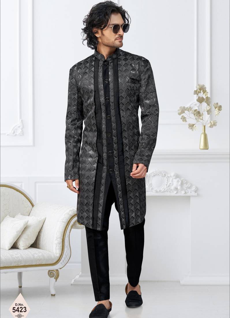 Black zari jackard and banarasi silk indowestern for mens