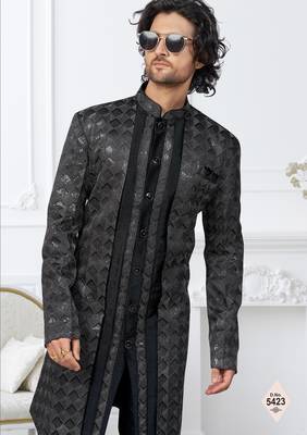 Black zari jackard and banarasi silk indowestern for mens 2