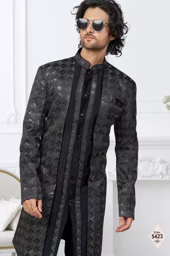 Black zari jackard and banarasi silk indowestern for mens