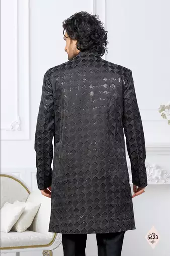 Black zari jackard and banarasi silk indowestern for mens