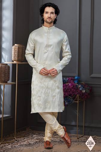 Cream pewor silk kurta and pajama for mens
