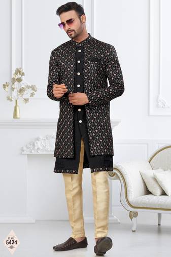 Black imported shoft silk indowestern for mens