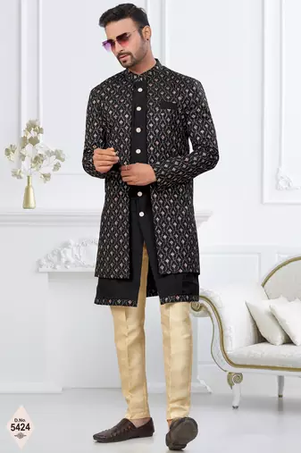 Black imported shoft silk indowestern for mens