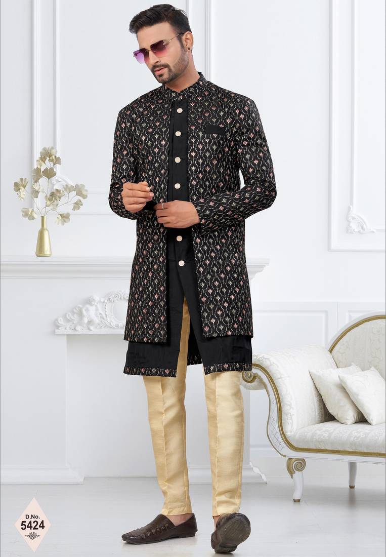 Black imported shoft silk indowestern for mens