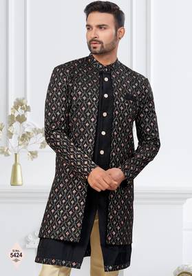 Black imported shoft silk indowestern for mens 2