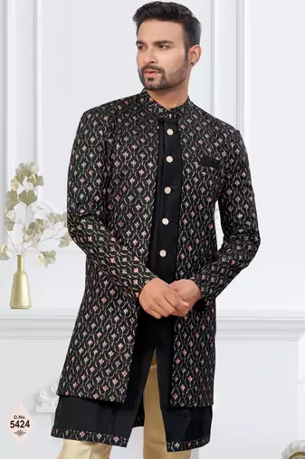 Black imported shoft silk indowestern for mens
