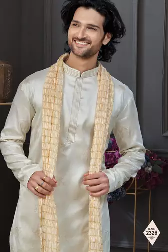 Cream pewor silk kurta and pajama for mens