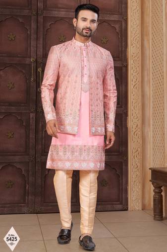 Pink super silk and banarasi silk indowestern for mens