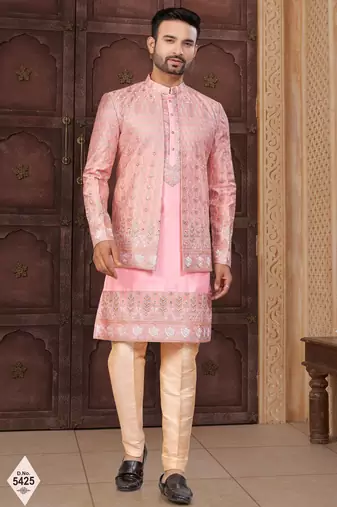 Pink super silk and banarasi silk indowestern for mens
