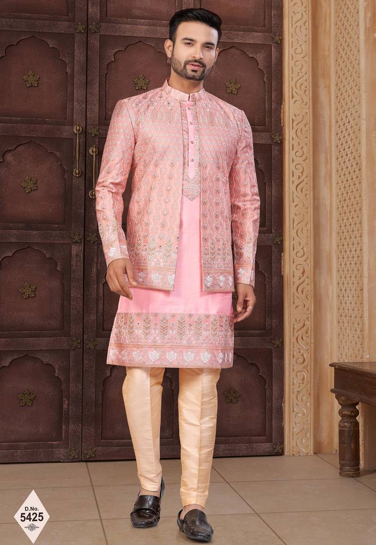 Pink super silk and banarasi silk indowestern for mens