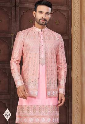 Pink super silk and banarasi silk indowestern for mens 2