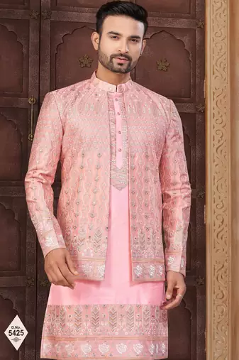 Pink super silk and banarasi silk indowestern for mens