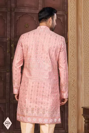 Pink super silk and banarasi silk indowestern for mens