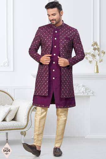 Purple imported shoft silk indowestern for mens