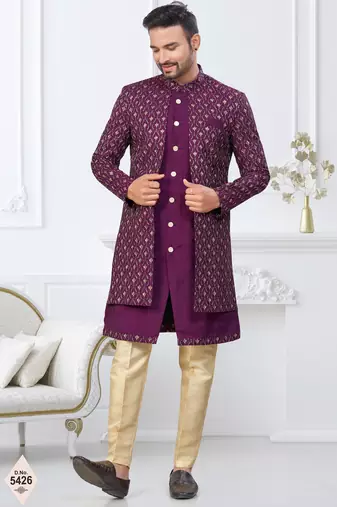 Purple imported shoft silk indowestern for mens