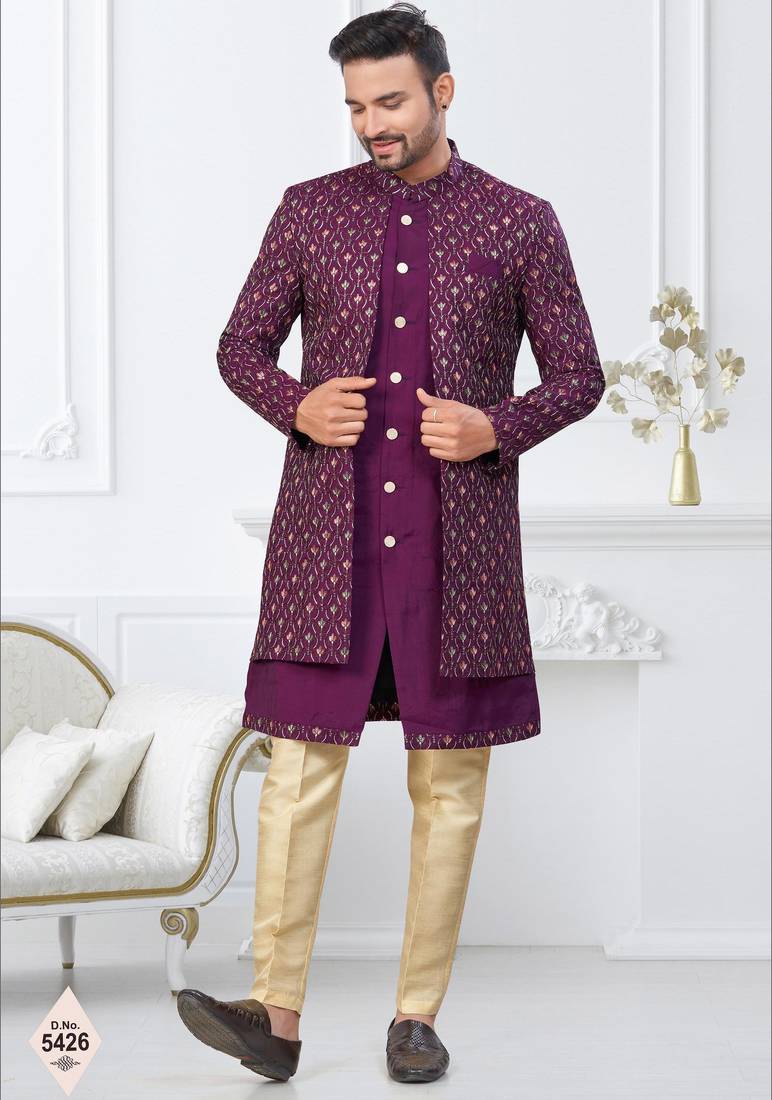 Purple imported shoft silk indowestern for mens