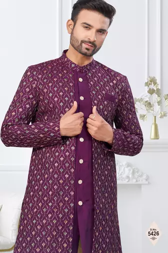 Purple imported shoft silk indowestern for mens