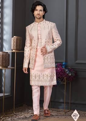 Peach super silk and banarasi silk indowestern for mens 1
