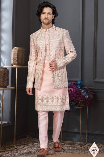 Peach super silk and banarasi silk indowestern for mens