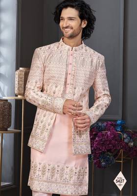 Peach super silk and banarasi silk indowestern for mens 2