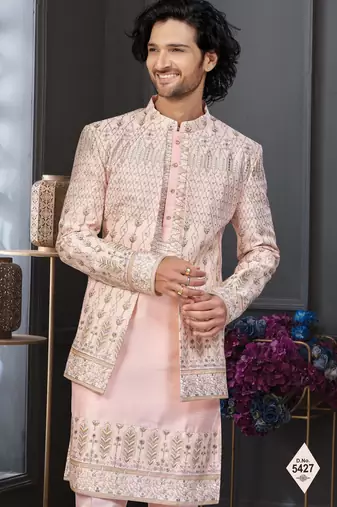 Peach super silk and banarasi silk indowestern for mens