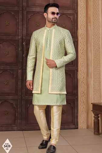 Light green & gold imported silk and banarasi silk indowestern for mens