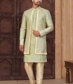 Light green & gold imported silk and banarasi silk indowestern for mens
