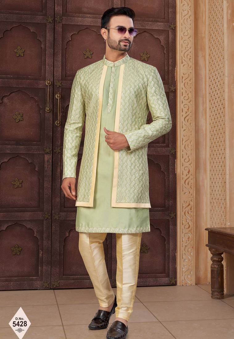 Light green & gold imported silk and banarasi silk indowestern for mens