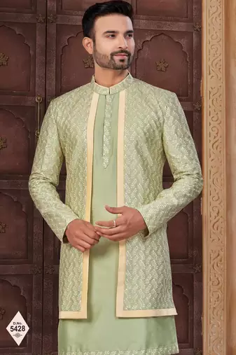 Light green & gold imported silk and banarasi silk indowestern for mens