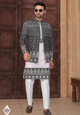 Black and light pink super silk and banarasi silk indowestern for mens 1