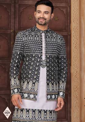 Black and light pink super silk and banarasi silk indowestern for mens 2