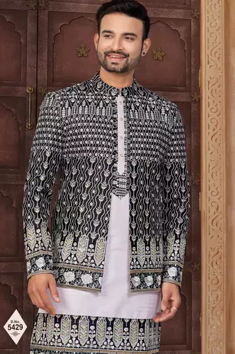 Black and light pink super silk and banarasi silk indowestern for mens