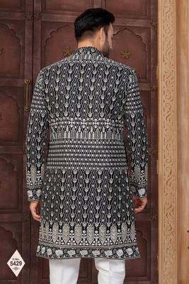 Black and light pink super silk and banarasi silk indowestern for mens 3