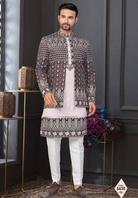 Dark maroon & light pink super silk and banarasi silk indowestern for mens 1