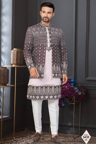 Dark maroon & light pink super silk and banarasi silk indowestern for mens