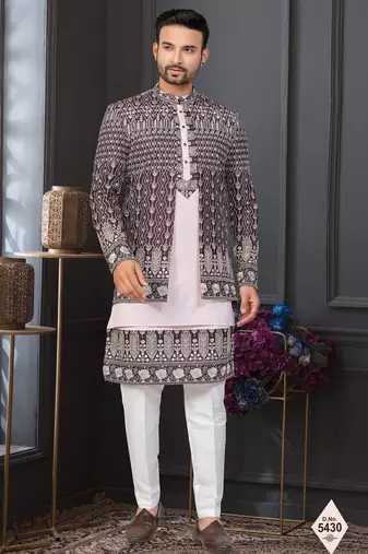 Dark maroon & light pink super silk and banarasi silk indowestern for mens