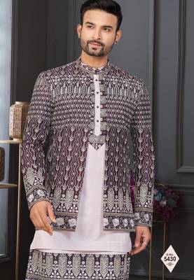 Dark maroon & light pink super silk and banarasi silk indowestern for mens 2